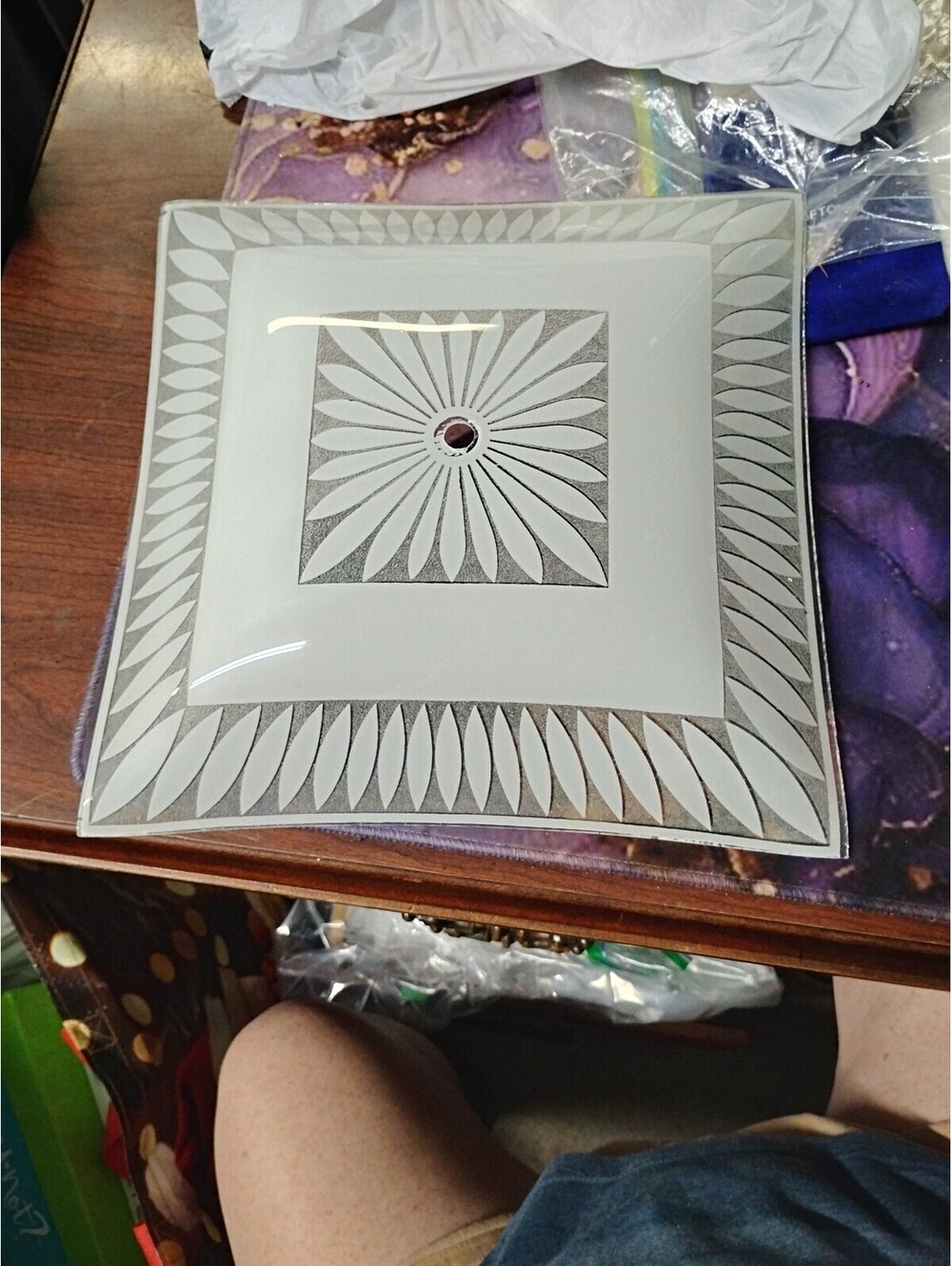 Vtg Square White/Clear Glass Daisy Ceiling Light Shade 13 3/4”